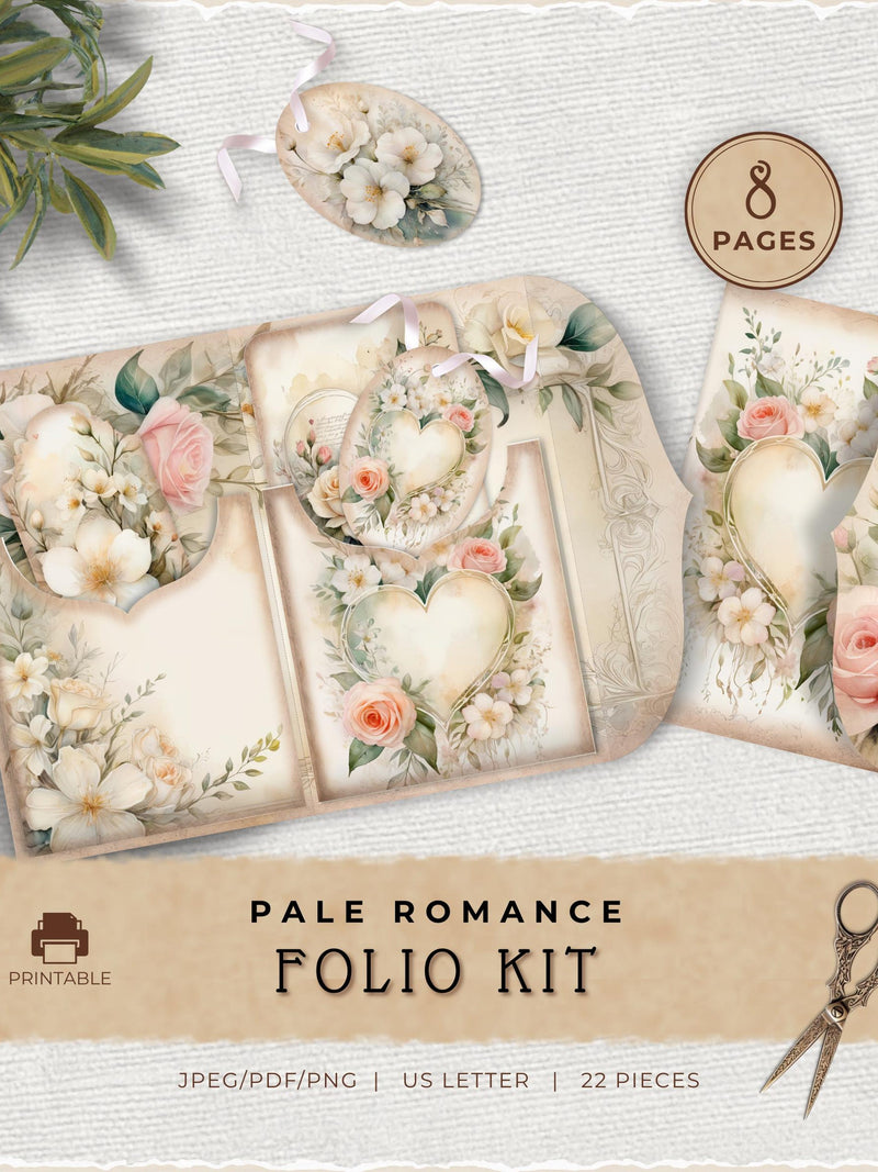 Pale Romance Valentine Folio Pocket, Junk Journal Folio, Printable Folio, Romantic Love Pocket Kit, Hearts and Flowers, Mix and Match, JJ030 Love Romance Flower