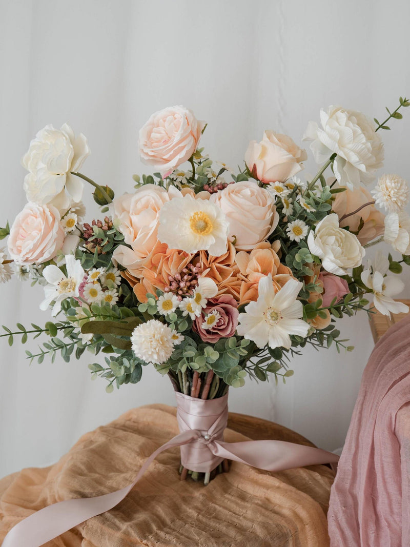 Peach Blossom - Peachy and Pink Wildflower, Daisies, Poppies, Hydrangeas Artificial Wedding Bridal Bouquet Bouquet