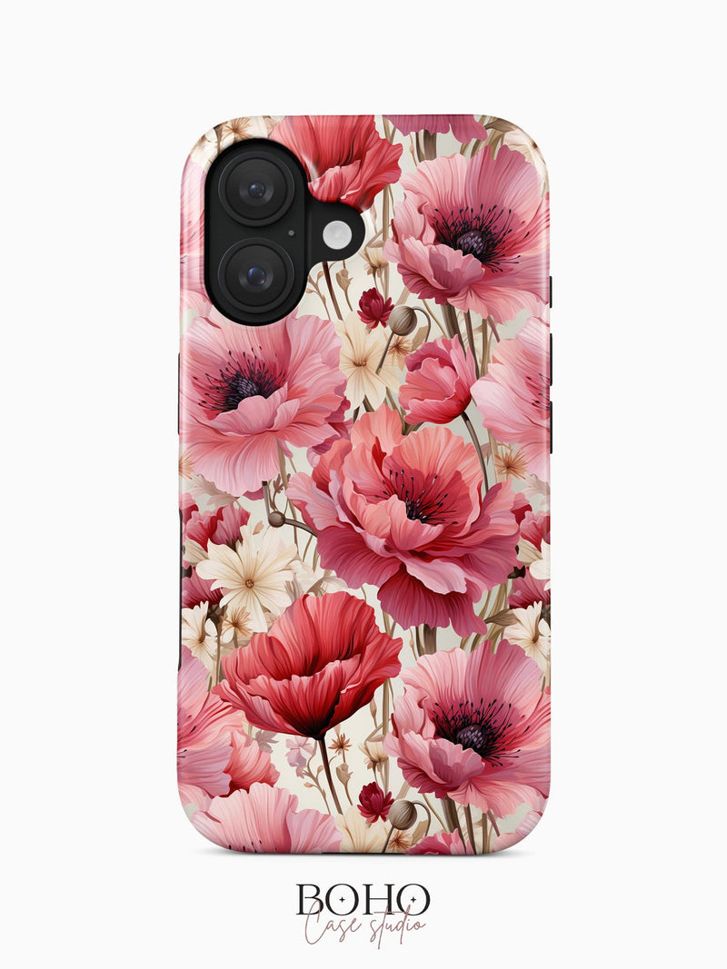 Pink floral phone case with poppy blossoms and beige background, slim protective cover
