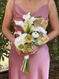 White green calla lily faux flower bridal bouquet, green pink anthurium, white hydrangea, green ranunculus, modern long slim bouquet Bouquet