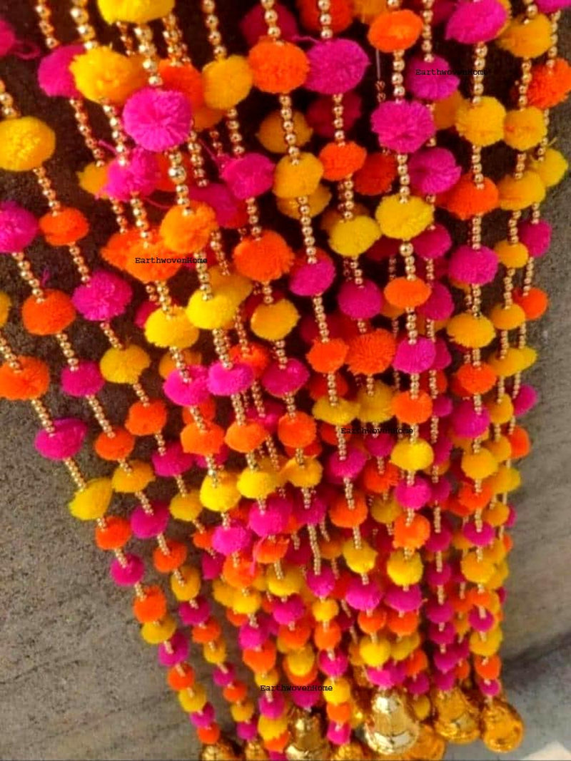 50 Pcs Pom Pom Garland with Bells: Indian Wedding Diwali Decor FLOWER DELIVERY