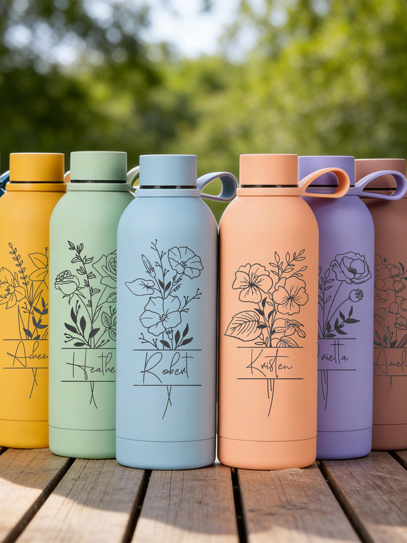 Personalized Birth Flower Water Bottle Engraved Tumbler with Name Bridesmaid Gifts Christmas Gifts for Mom Bridesmaid Proposal Gift for Her birthday flower