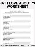 What I Love About You Worksheet, Reasons Why I Love You, Valentines Day, Love Notes, Anniversary Gift, Couples Therapy, Marriage Counseling Love Romance Flower