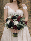 Black burgundy white bouquet, goth bride bouquet, burgundy white  black wedding bouquet wedding flower