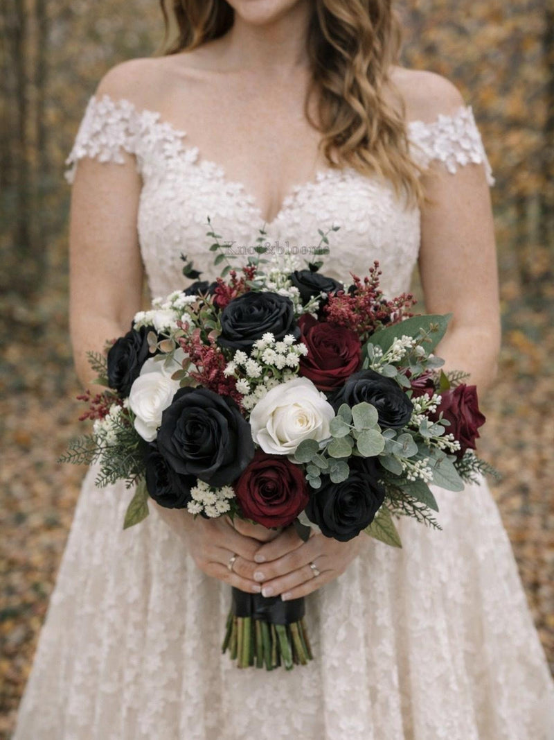 Black burgundy white bouquet, goth bride bouquet, burgundy white  black wedding bouquet Bouquet