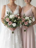 Dusty Pink Rose Wedding Bridal Bouquet Artificial, Bridesmaid Silk Eucalyptus Greenery Flowers wedding flower