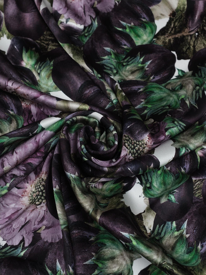 Italian silk satin fabric with violet flower and green leaf print