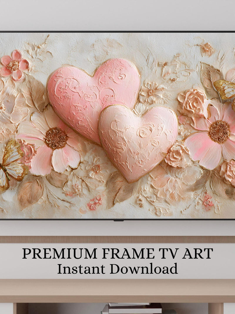Romantic Pink and peach Hearts Floral TV decor, Modern Minimal Samsung TV Frame Art, Pastel Flower Art, Valentine Love Artwork 92 Love Romance Flower