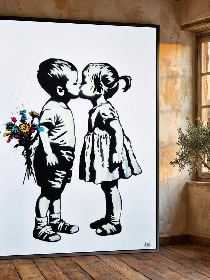Charming Kids Kissing Canvas, Cute Love Wall Art, Childhood Romance Print, Black and White Canvas with Colorful Flowers, Playful Home Decor Love Romance Flower