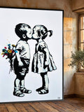 Charming Kids Kissing Canvas, Cute Love Wall Art, Childhood Romance Print, Black and White Canvas with Colorful Flowers, Playful Home Decor Love Romance Flower