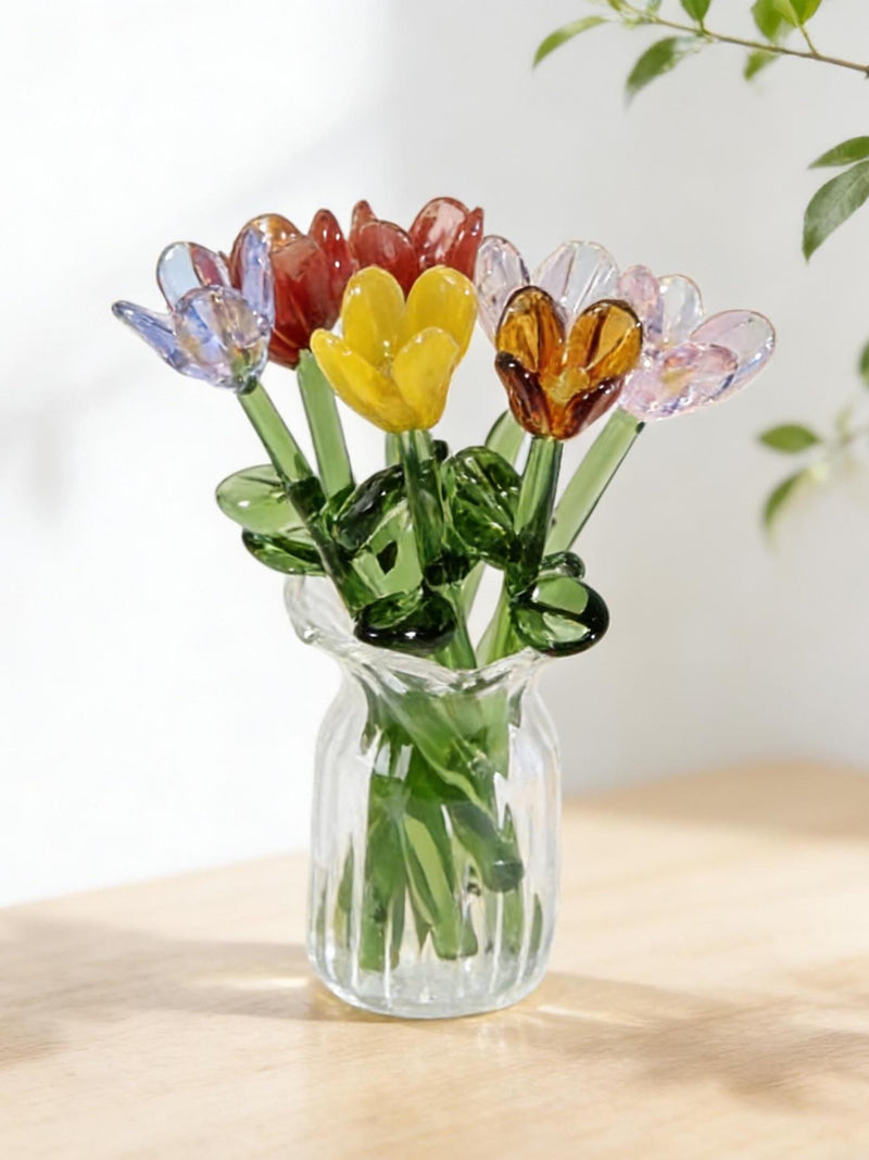 7 Pcs Handblown Glass Flower Bouquet with Mini Vase - Handmade Desk Decor, Floral Glass Art Gift, Birthday & Anniversary Gift, Gift for Her birthday flower