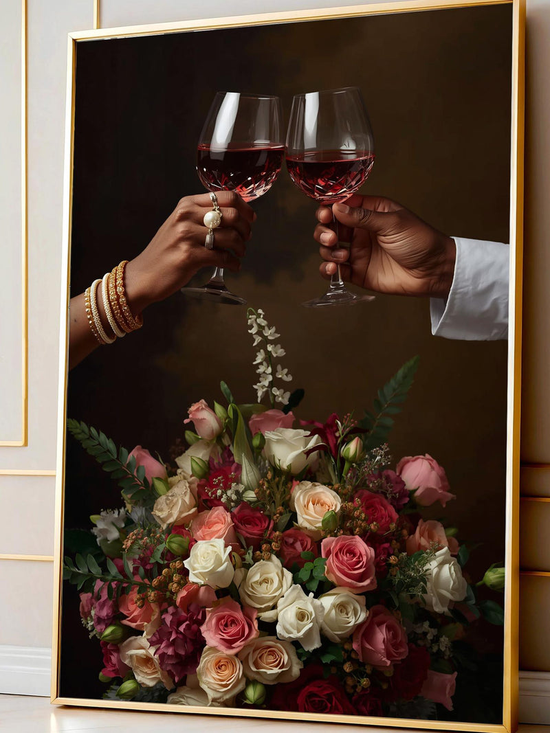 Black Love Wine Toast Wall Art, African American Couple Hands Poster, Romantic Floral Painting Print, Elegant Luxury Home Decor Love Romance Flower