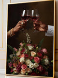 Black Love Wine Toast Wall Art, African American Couple Hands Poster, Romantic Floral Painting Print, Elegant Luxury Home Decor Love Romance Flower