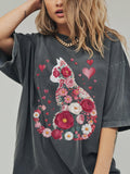 Floral Cat Silhouette Shirt, Valentine Heart Cat Design, Romantic Cat Lover Gift Tee, Nature Animal Appreciation, Floral Art Shirt Love Romance Flower