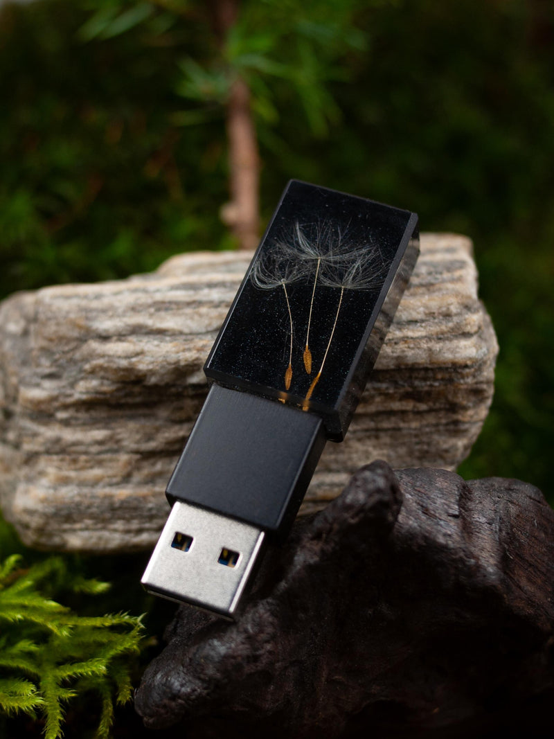Black resin USB flash drive with real dandelion inside clear window