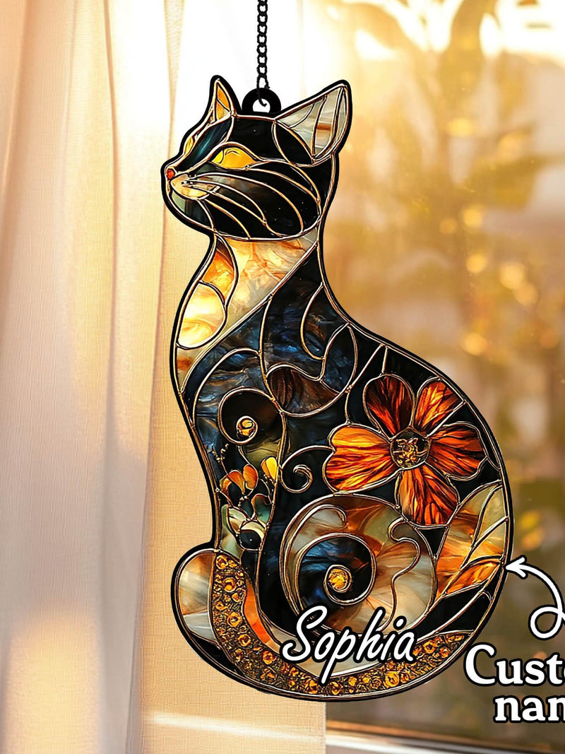 Black Cat & Flower ACRYLIC/ RESIN Suncatcher,Faux Stained Glass Window Hanging,Cat Art Decor, Perfect Birthday Gift for Cat Lover Home Decor house warming flower