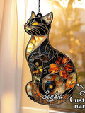Black Cat & Flower ACRYLIC/ RESIN Suncatcher,Faux Stained Glass Window Hanging,Cat Art Decor, Perfect Birthday Gift for Cat Lover Home Decor house warming flower