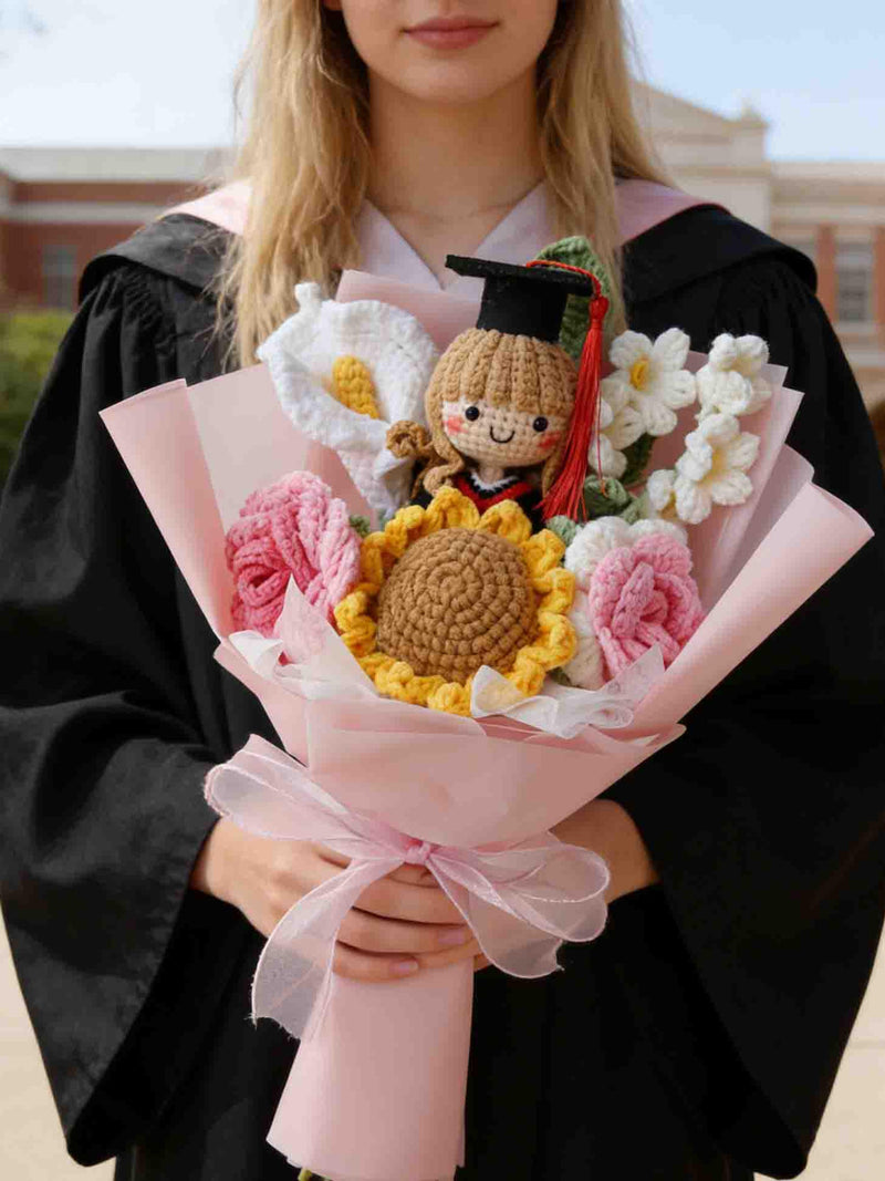Class of 2026 knitted Crochet flower Graduation bouquet , Custom Handmade sunflower Bouquet with Doll, Graduation Gift for Her Bouquet