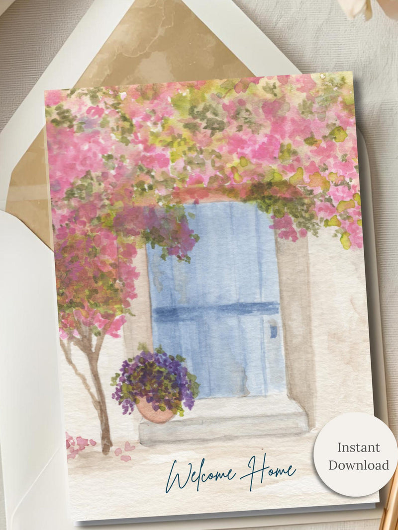 Printable New Home Card Watercolor Floral Door Congratulations New Homeowner Gift Idea Housewarming Greeting Digital Download Stationery house warming flower
