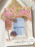 Printable New Home Card Watercolor Floral Door Congratulations New Homeowner Gift Idea Housewarming Greeting Digital Download Stationery house warming flower