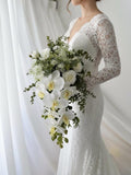 Cascading White Orchid Bridal Bouquet, Artificial Wedding Bouquet with Eucalyptus Greenery, Long Teardrop Orchid Bouquet Bouquet