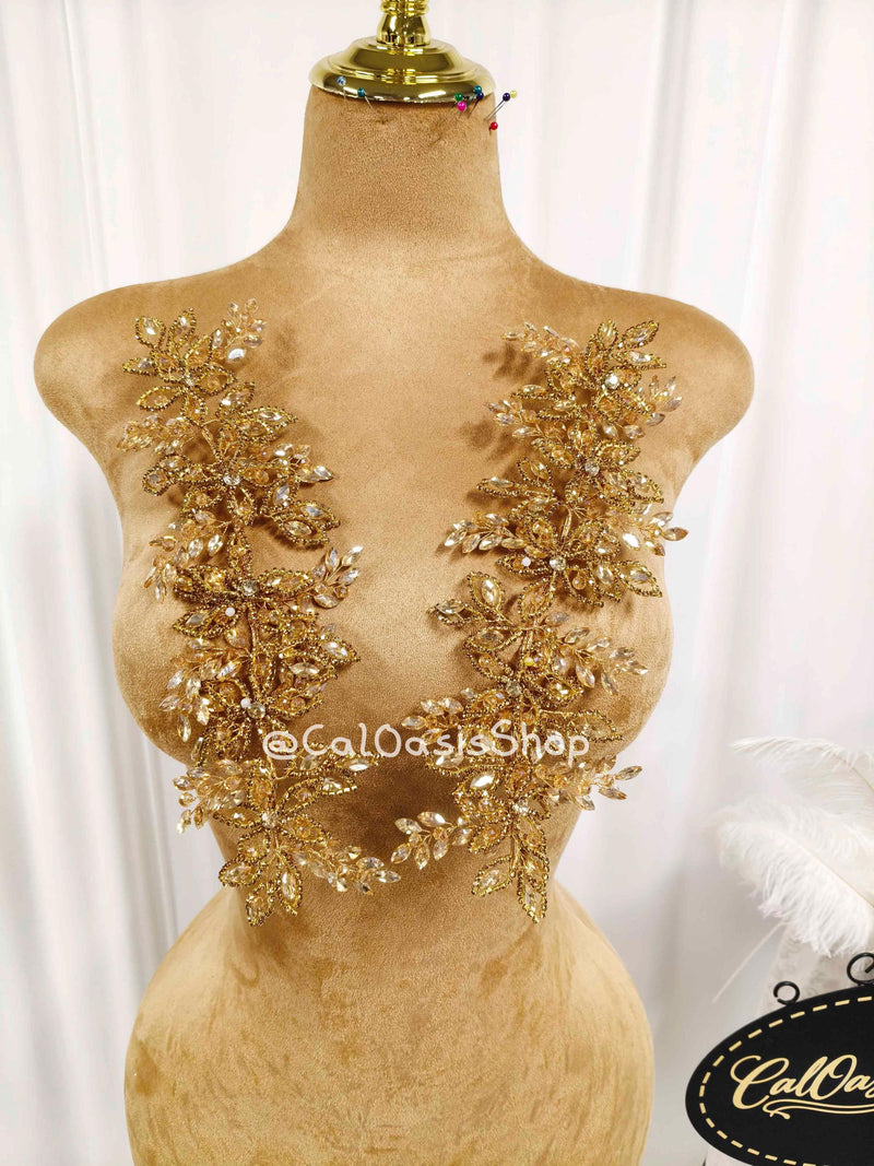 Luxury 3D Champagne Leaf Flower Rhinestone Applique Pair: Crystal Wedding Hair Embellishment Bridal Headwear FLOWER DELIVERY