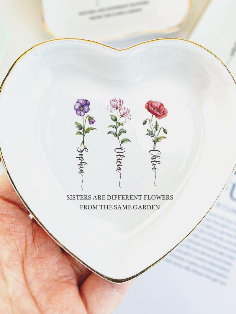 Sisters are Different Flowers from the Same Garden, Personalized Ring Dish for Sister, Besties Flower Ring Holder, Friendship Jewelry Dish birthday flower
