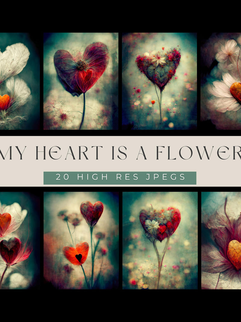 My Heart Is a Flower | Romantic Heart Floral Art | 20 High-Res JPEGs | For Digital Art Compositions, Junk Journals & Scrapbooking Love Romance Flower