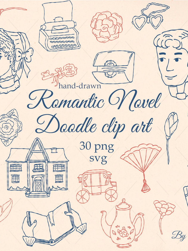 Regency Romance Doodle Clipart Set, Books, Flowers PNG SVG Digital Download, Illustrated Hand-drawn Doodle Clip Art, Flowers Books Letters Love Romance Flower