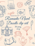 Regency Romance Doodle Clipart Set, Books, Flowers PNG SVG Digital Download, Illustrated Hand-drawn Doodle Clip Art, Flowers Books Letters Love Romance Flower