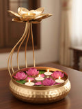 Hammered Urli Bowl with Lotus Tealight Holder, Golden Diwali Decor house warming flower