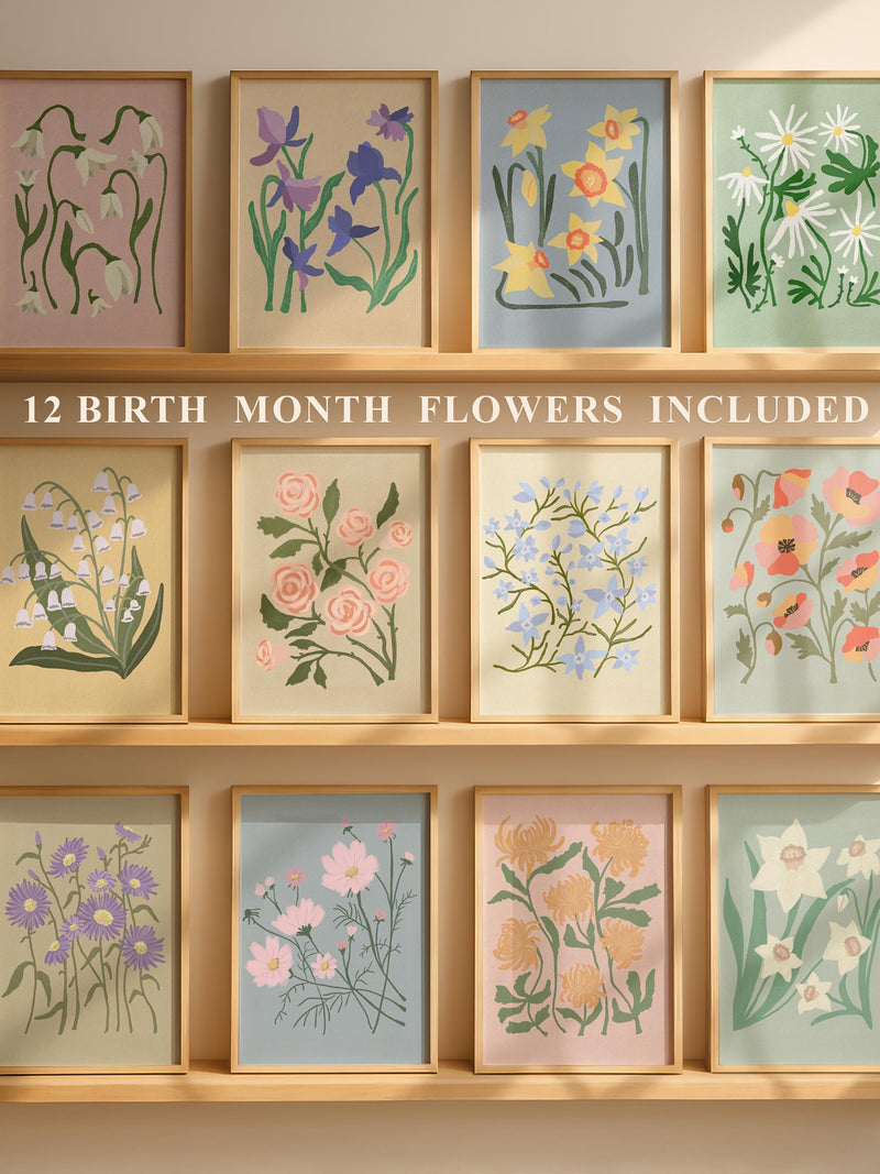 12 Birth Month Flower Prints, Floral nursery art set, Botanical Gallery Decor (Digital Download) birthday flower