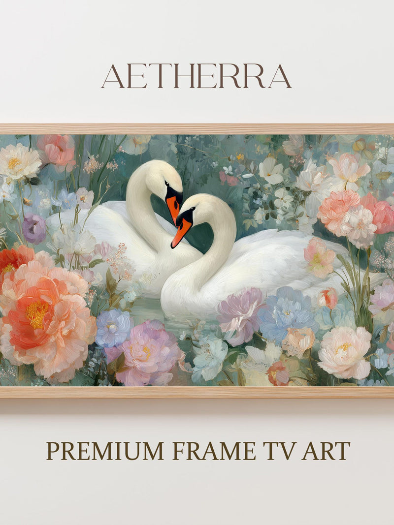 Romantic Swans Frame TV Art, Cottagecore Love Scene, Vintage-Inspired Valentine Wall Art, Pink Pastel Flowers Digital Download 153 Love Romance Flower