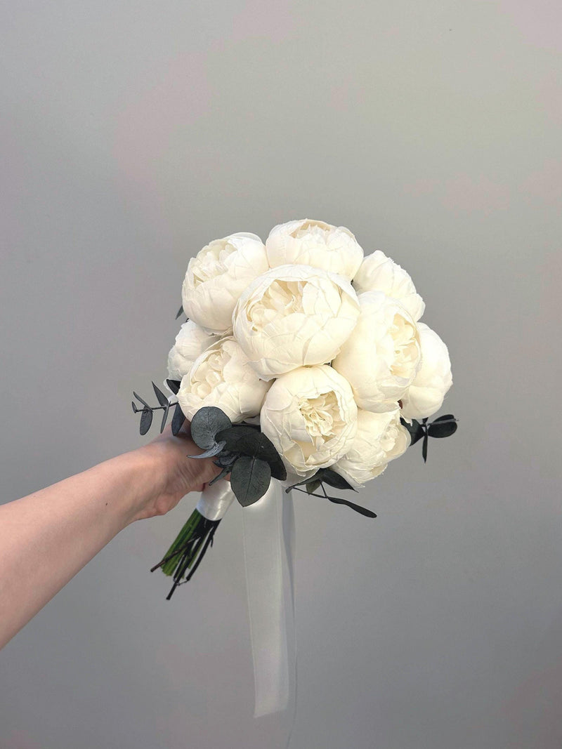 White Peony Bridal Bouquet Set Ð Preserved Eucalyptus & Boutonniere Bouquet