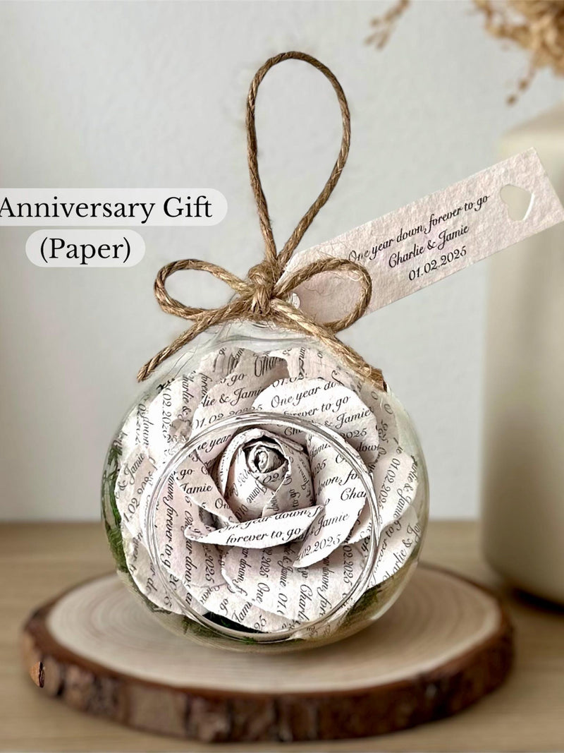 1st Wedding Anniversary Gift Ð Personalised Paper Rose in Glass Globe Ð Handmade Anniversary Keepsake ANNIVERSARY