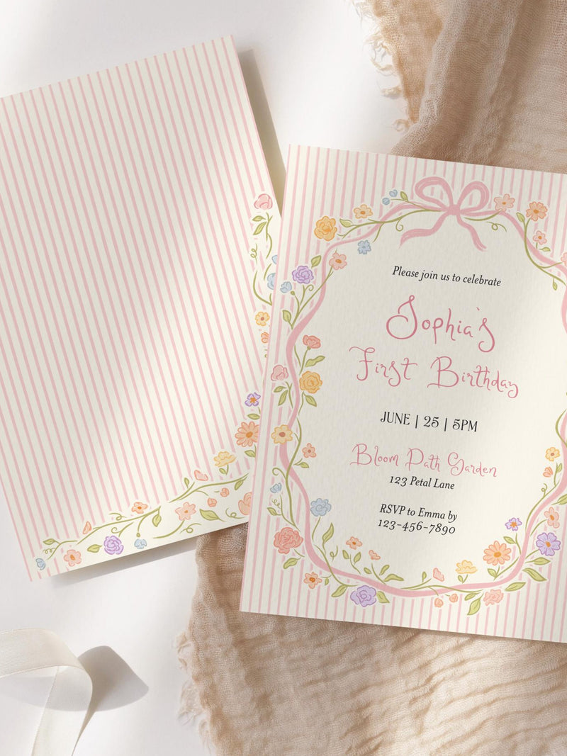 Pink Bow Floral Birthday Invitation, Editable Hand Drawn Coquette Birthday Invite, Printable Garden Party Card, Spring Floral Template birthday flower