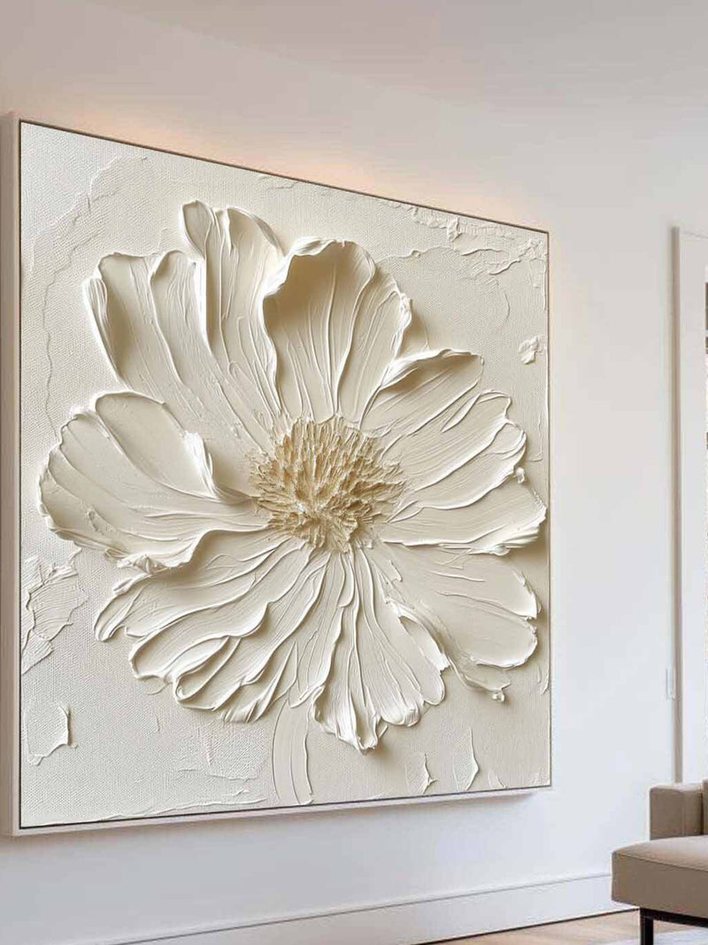 Large Textured Floral Wall Art Organic Modern Cream White Flower Painting Luxury Minimalist Canvas ANNIVERSARY