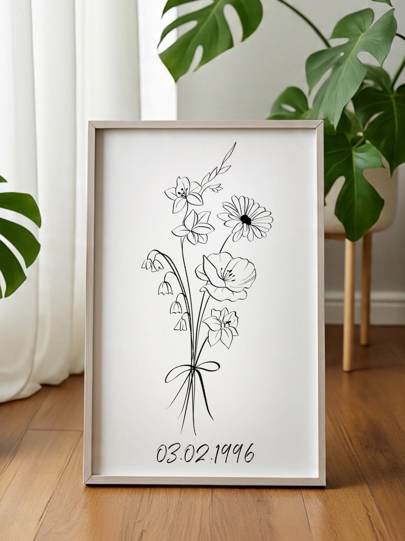 Custom Family Flower Birth Month Bouquet Art! Personalised Flower Art, Hand Drawn Birth Flower Line Art, home decor gift digital download birthday flower