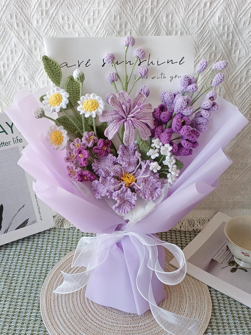 Hand-crochet bouquet,Purple yarn flowers, Crape myrtle, lilac, snow fruit, forget-me-not, daisy, baby's breath Bouquet