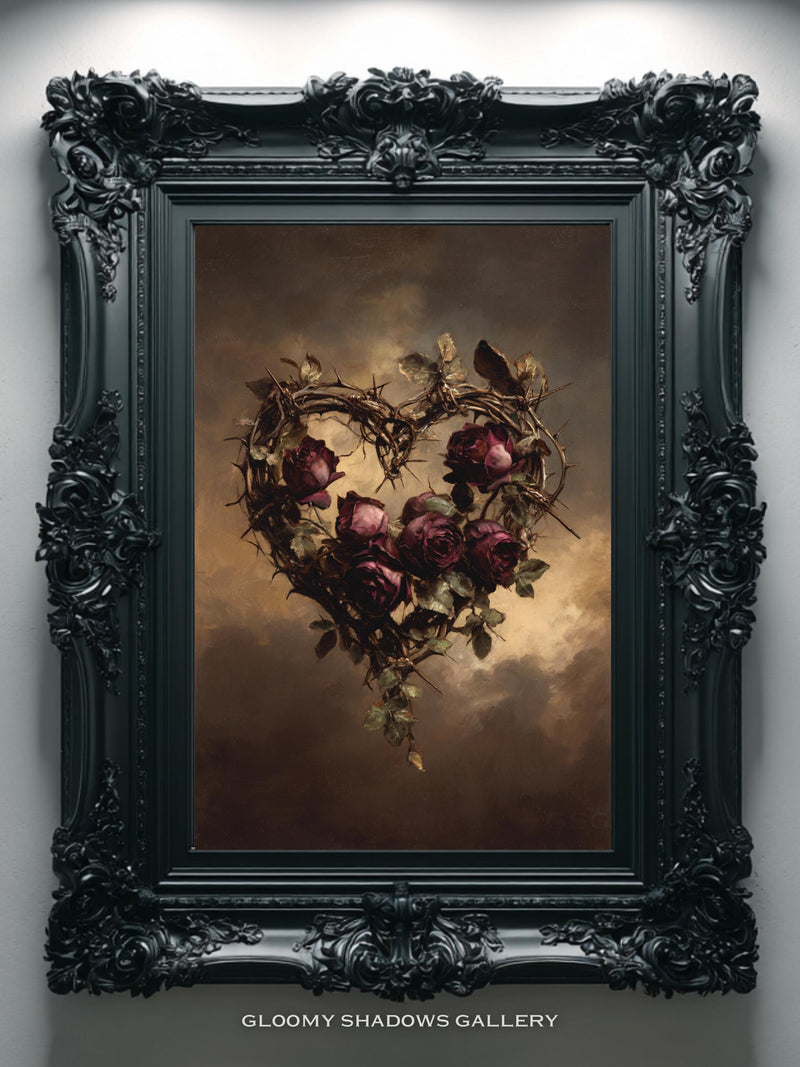 Gothic Heart Wreath Print, Dark Romance Decor, Victorian Rose Wall Art, Printable Valentine Poster Love Romance Flower