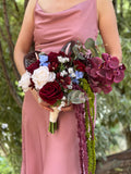 Burgundy White Red blue Cascading Wedding Bouquet: Amaranthus, Orchid, mossy Anthurium, Maroon Roses with Eucalyptus leaves silk flowers Bouquet
