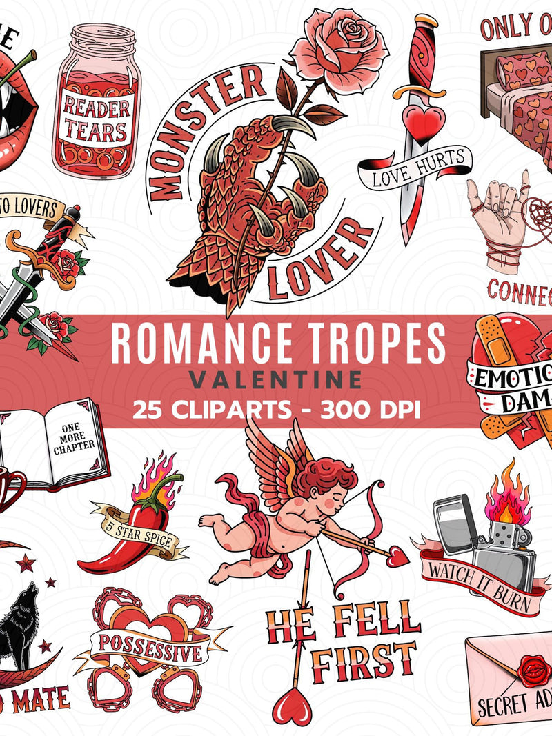 Romance Tropes Clipart | Valentine Bookish PNG (Digital Download) Love Romance Flower