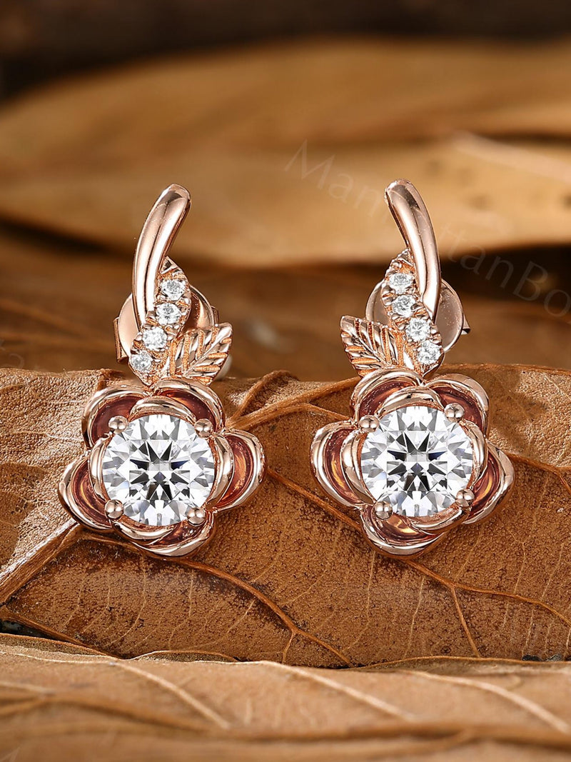 Nature Inspired Flower Stud Earrings - Leaf Vine Rose Gold Floral Earrings for Women - Moissanite Bridal Gift Jewelry by ManhattanBox ANNIVERSARY