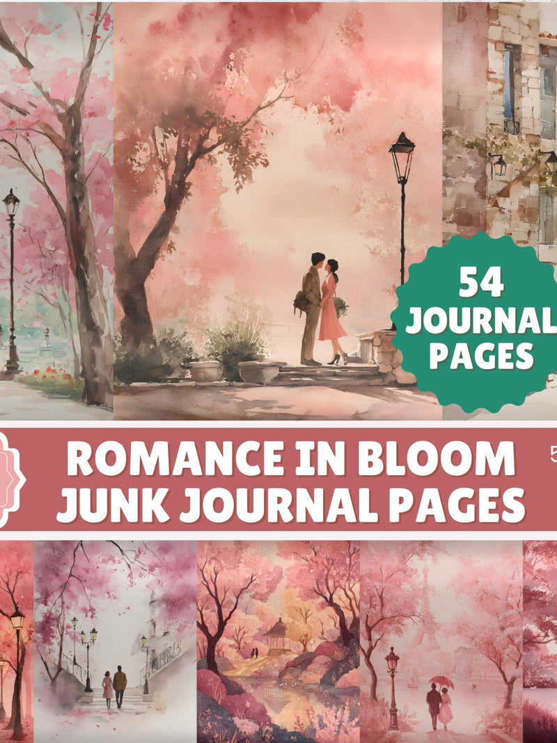 Romance in Bloom Junk Journal Pages | 54 Romantic Valentine's Day Printable Pages with Couples & Floral Accents, Journal, Scrapbook Ephemera Love Romance Flower