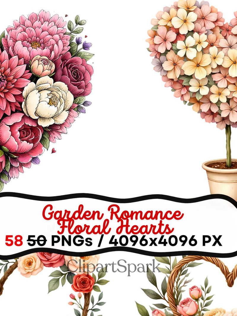 Garden Romance Floral Hearts Clipart 58 Elegant Heart-Shaped PNGs Romantic Digital Watercolor Valentine Clipart Set Love Romance Flower