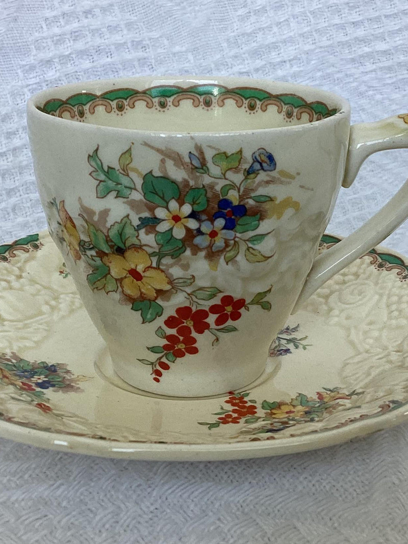 Vintage Crown Ducal Espresso Cup and Saucer, Florentine Gwynneth pattern, Floral Embossed, 1930s flower spore