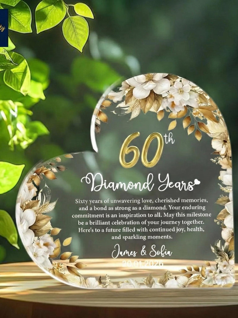 60th Anniversary Gift, Personalized Diamond Anniversary Plaque, Custom Names Date Keepsake, Floral Acrylic Sign, Wedding Vow Renewal Decor ANNIVERSARY