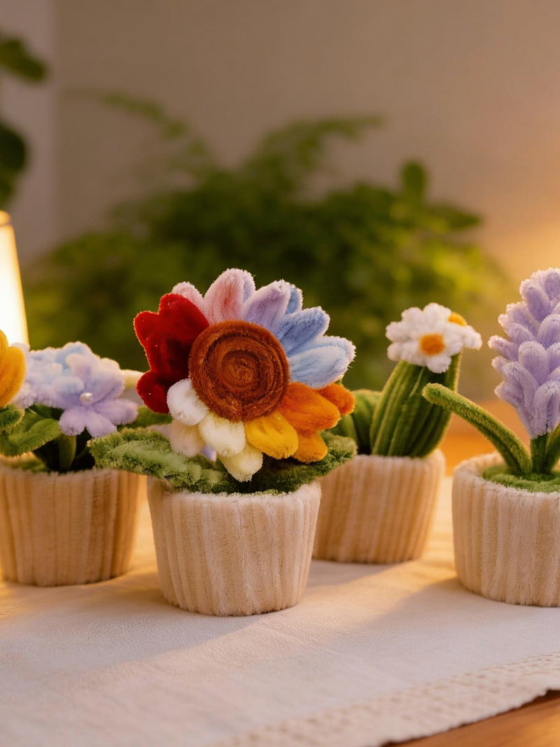 Pipe Cleaner Flowers Potted Plant, Velvet Sunflower/Tulip/Lavender/Cactus/Lily Car Bobblehead Accessories, Potted Flower Desk Decor house warming flower