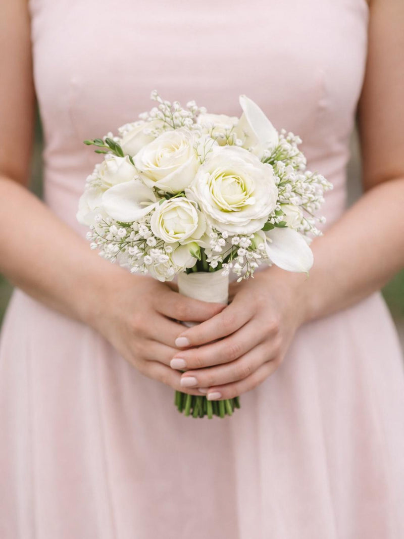 All White Real Touch Bridesmaid Bouquet | Faux Hydrangea, Rose & Calla Lily Bouquet