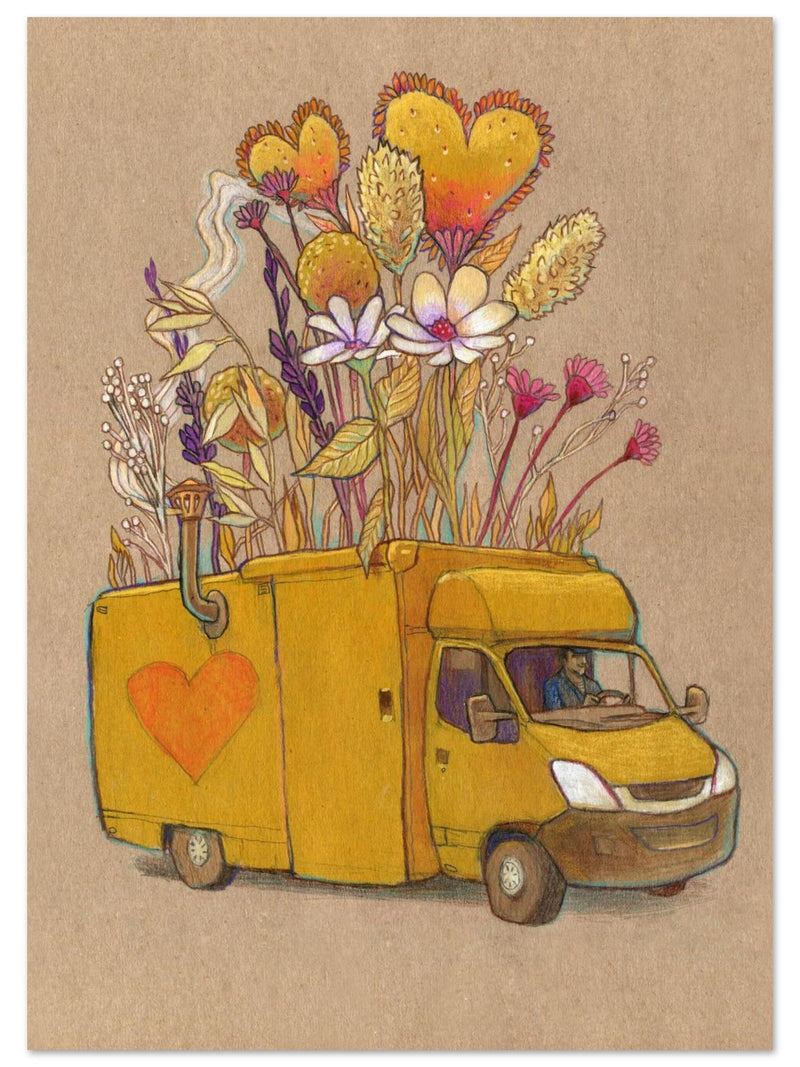 Premium floral delivery poster with yellow postal van and heart on flower box